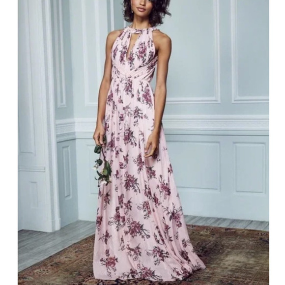 Marchesa Notte Blush Floral Halter Gown Open Back Maxi Dress - Picture 10 of 10